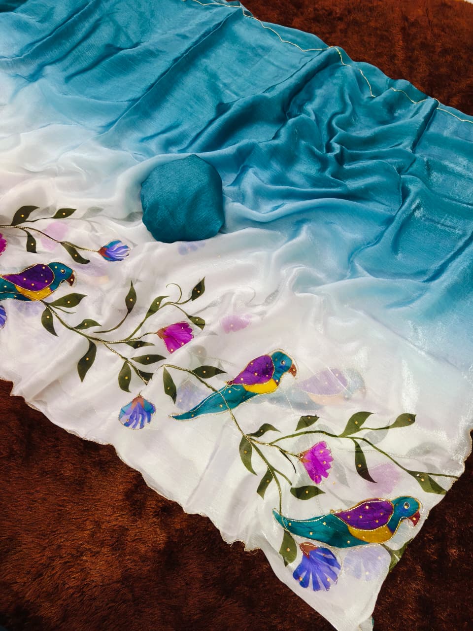 Premium Blue Fandy Silk Saree with Parrot Print, Cutdana Handwork and Stylish Cutwork Border