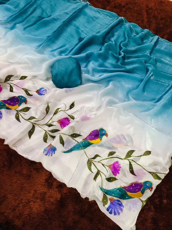 Premium Blue Fandy Silk Saree With Parrot Print, Cutdana Handwork And Stylish Cutwork Border