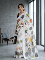 Rajwadi Mor Premium Printed Georgette Saree - Off-white