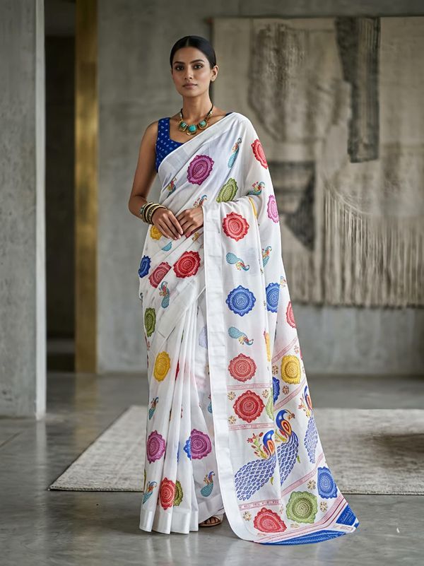 Rajwadi Mor White Saree Bandhej Print Georgette Style