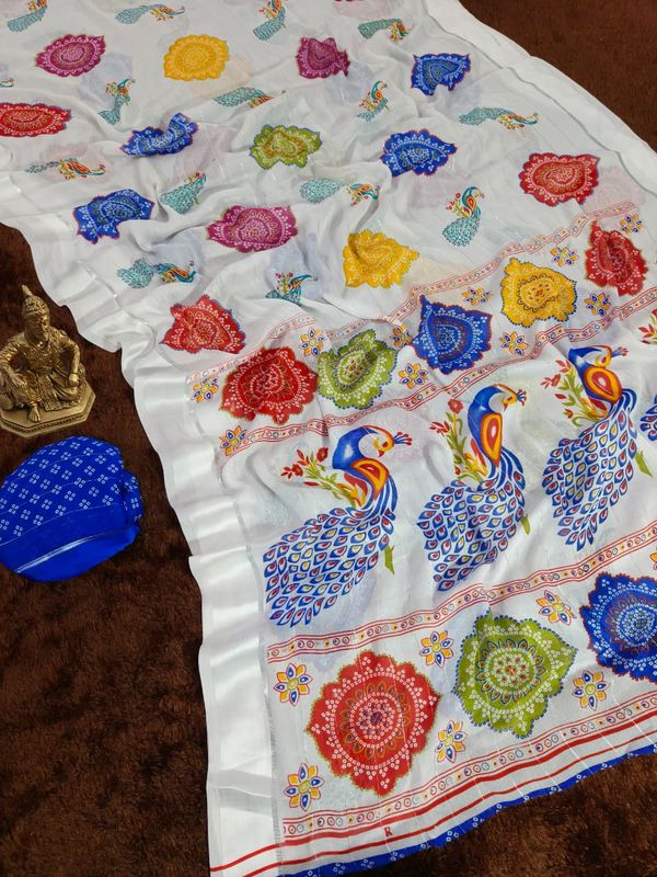 Rajwadi Mor White Saree Bandhej Print Georgette Style