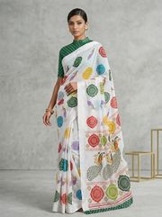 Rajwadi Style White Georgette Saree with Peacock Border - White