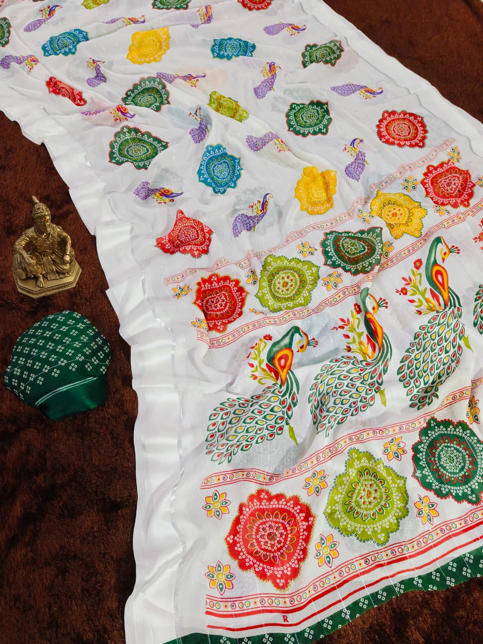 Rajwadi Style White Georgette Saree with Peacock Border