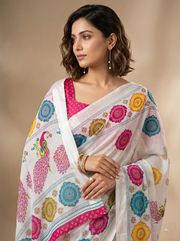 Premium White Georgette Saree with Pink Mor Border - White