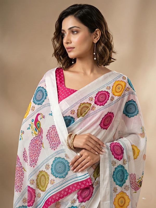 Premium White Georgette Saree With Pink Mor Border