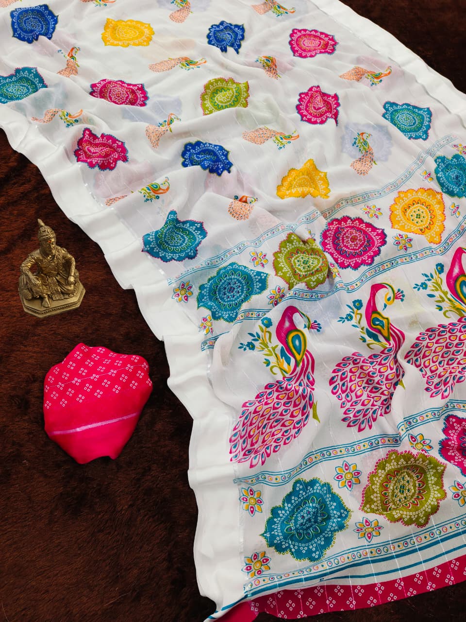 Premium White Georgette Saree with Pink Mor Border