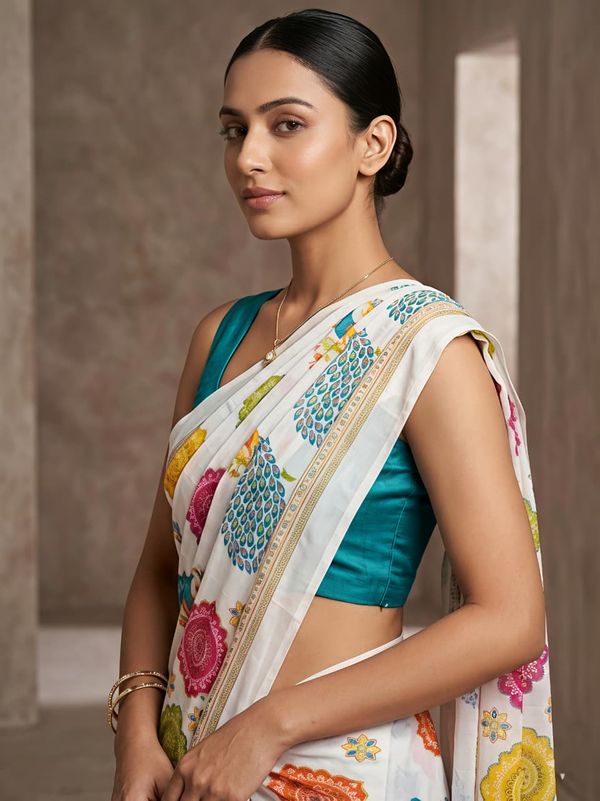 White Rajwadi Mor Saree with Teal Peacock Border