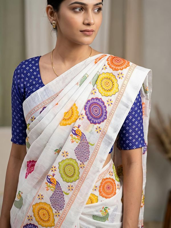 White Printed Saree with Rajwadi Bandhej & Blue Work