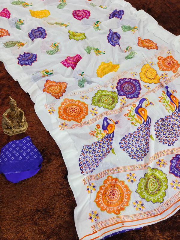 White Printed Saree with Rajwadi Bandhej & Blue Work