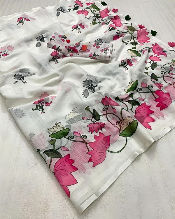 Royal Pichwai White Linen Saree with Lotus Design