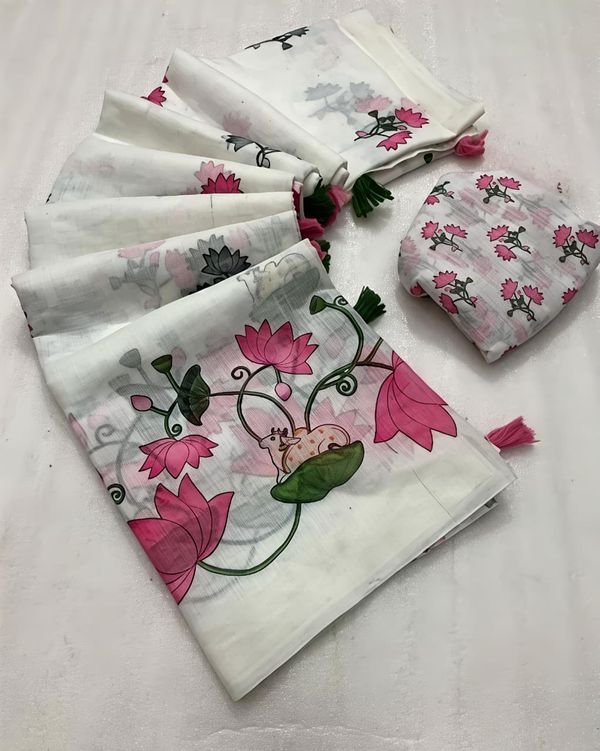 Royal Pichwai White Linen Saree with Lotus Design