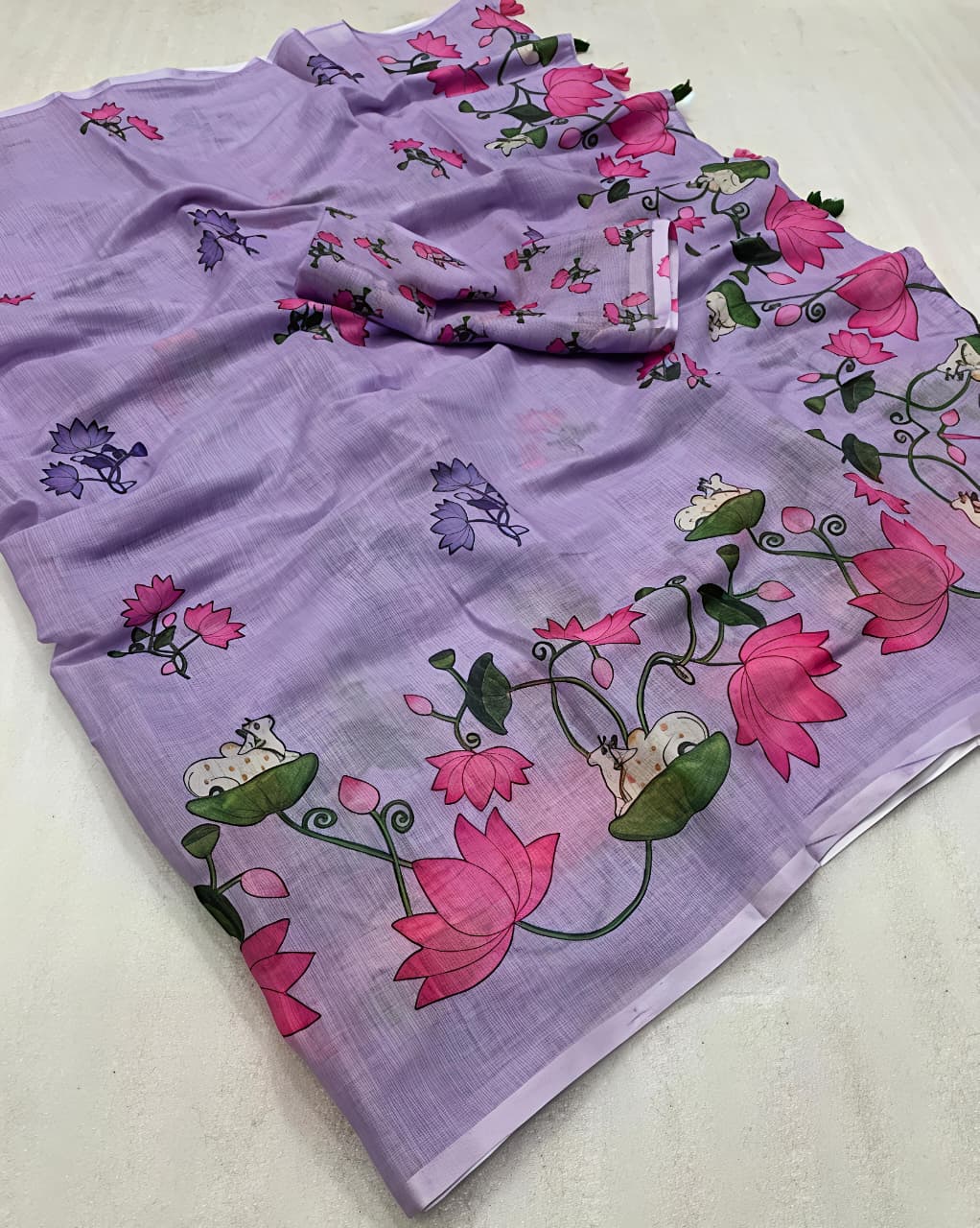 Lavender Pichwai Print Linen Saree with Tassels