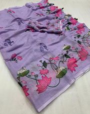 Lavender Pichwai Print Linen Saree with Tassels - Lavender