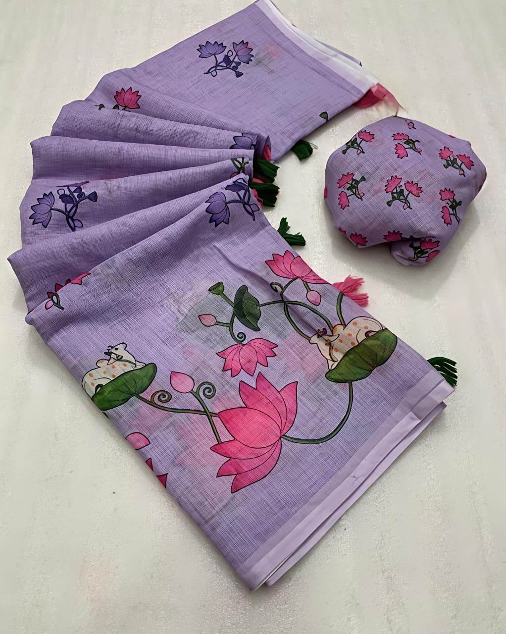 Lavender Pichwai Print Linen Saree with Tassels