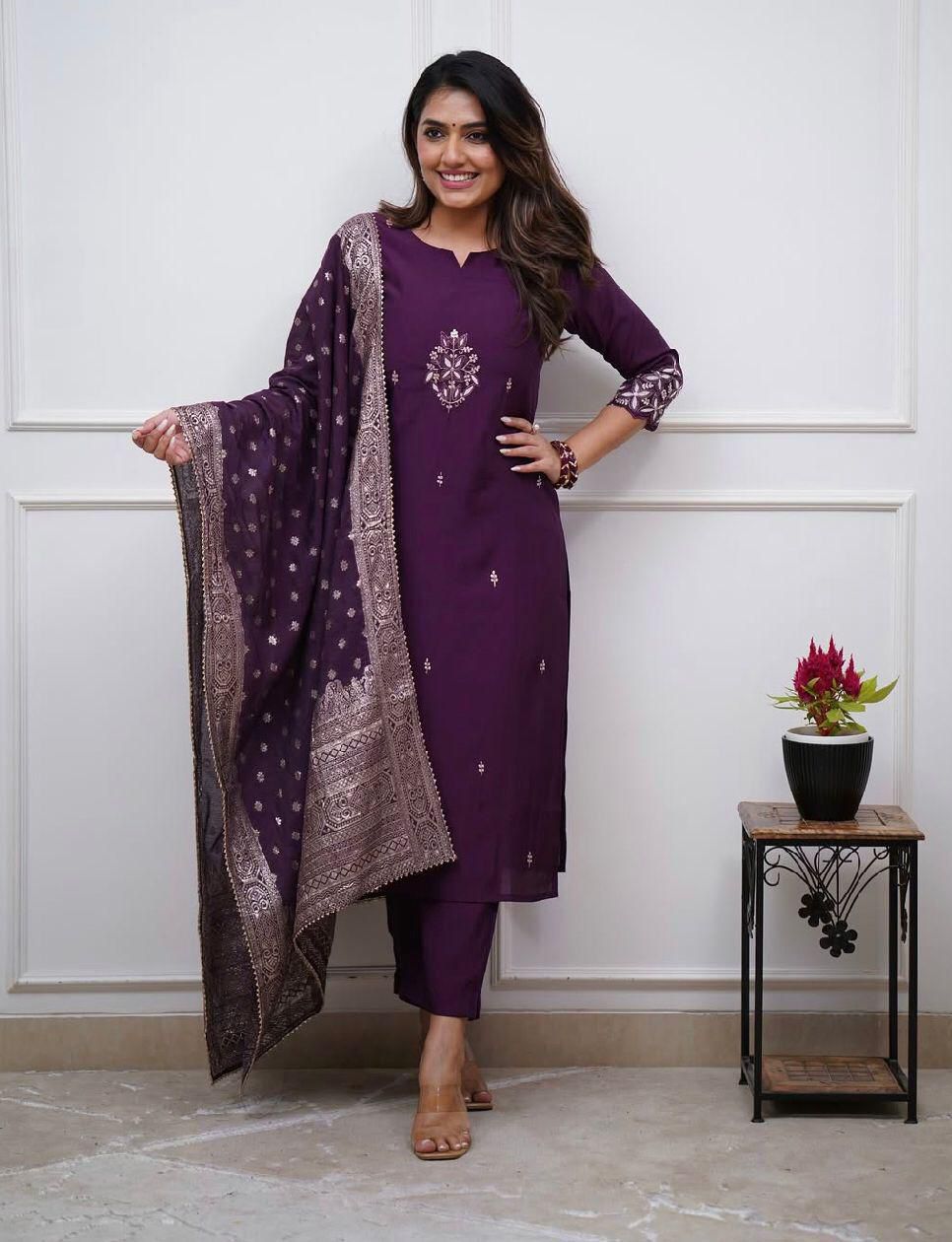 Purple Embroidered Kurta Pant Dupatta Set Online