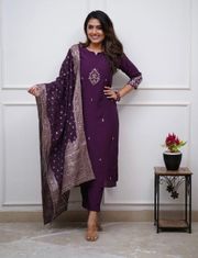 Purple Embroidered Kurta Pant Dupatta Set Online - Purple
