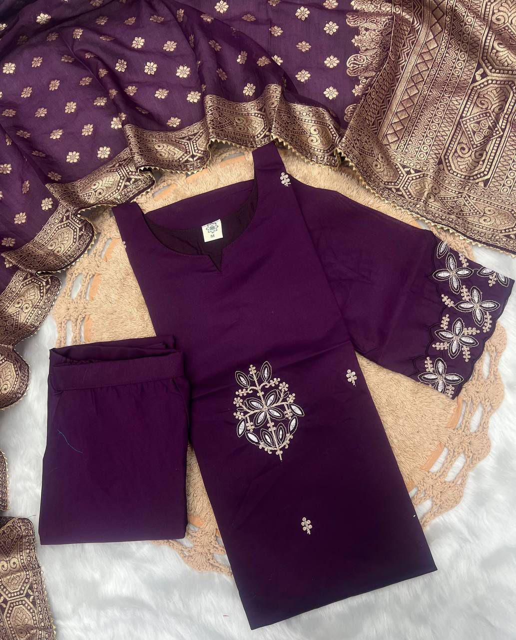 Purple Embroidered Kurta Pant Dupatta Set Online