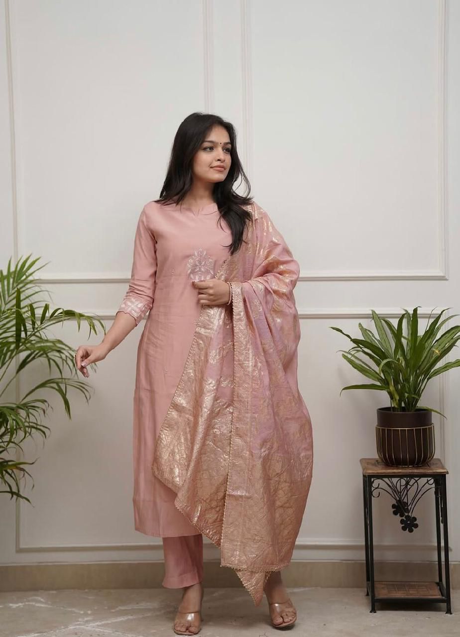 Pink Embroidered Chanderi Kurta Set with Dupatta