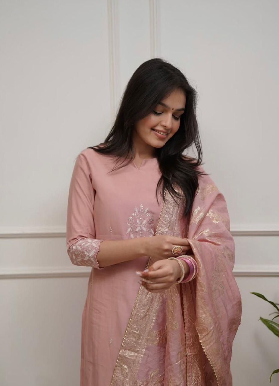 Pink Embroidered Chanderi Kurta Set with Dupatta