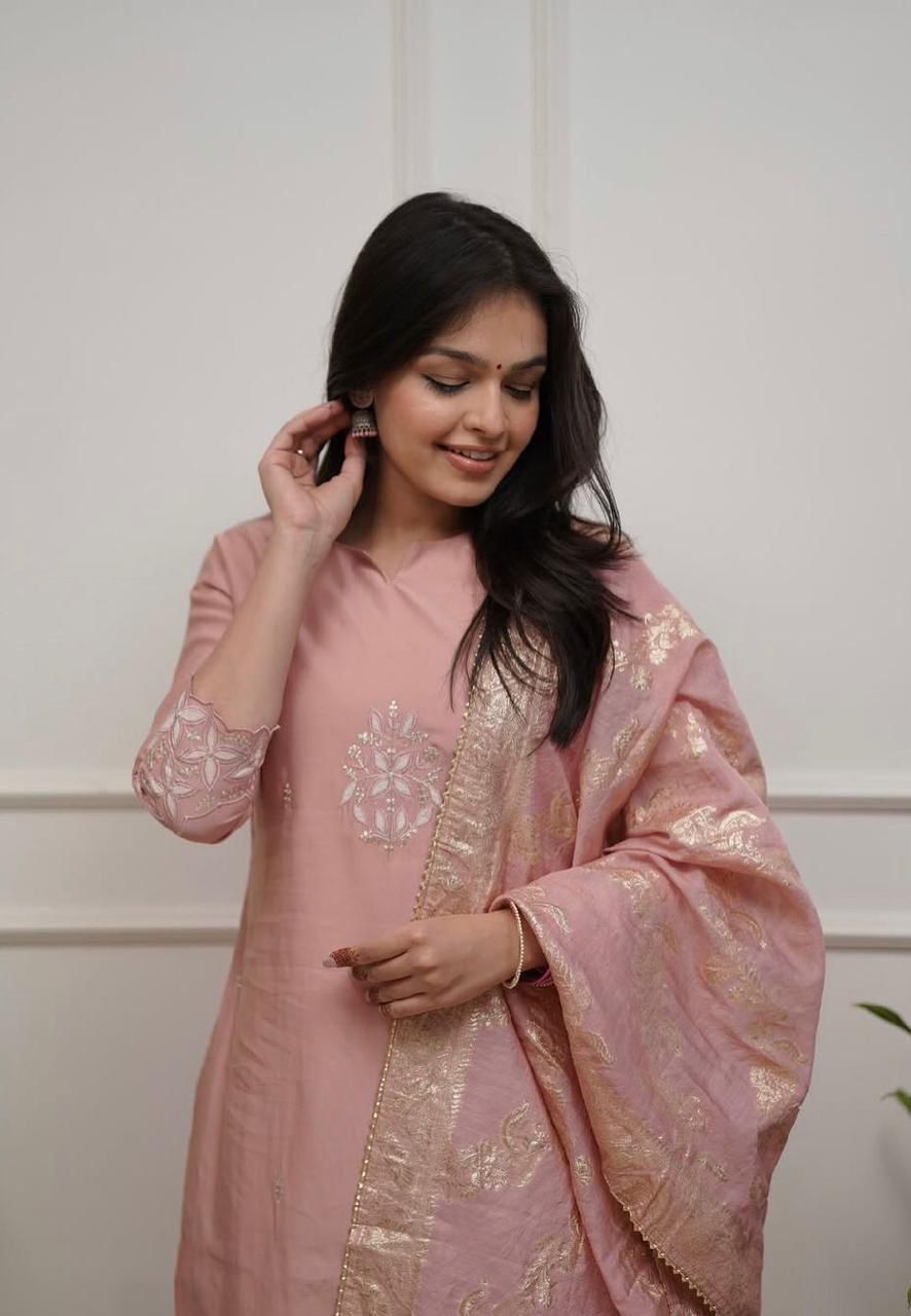 Pink Embroidered Chanderi Kurta Set with Dupatta