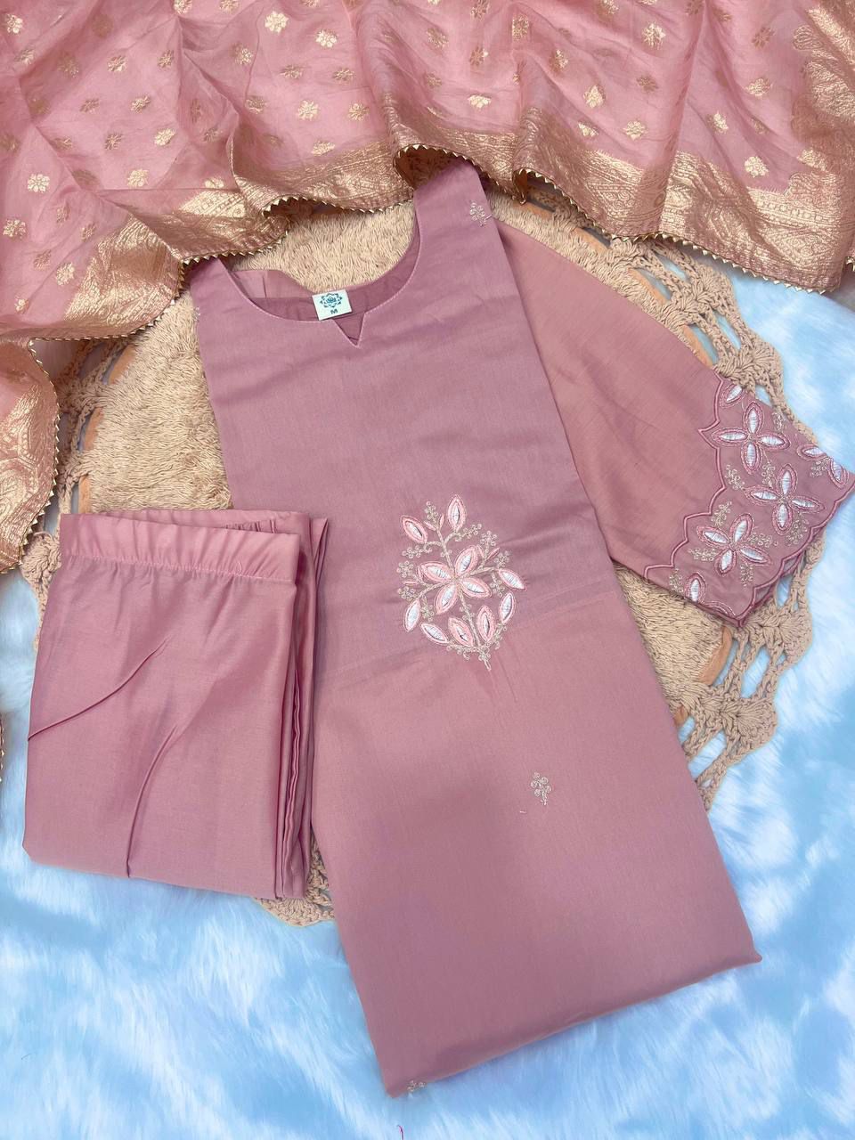 Pink Embroidered Chanderi Kurta Set with Dupatta