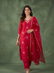 Red Cotton Embroidered Kurta Pant Dupatta Set Women - Red