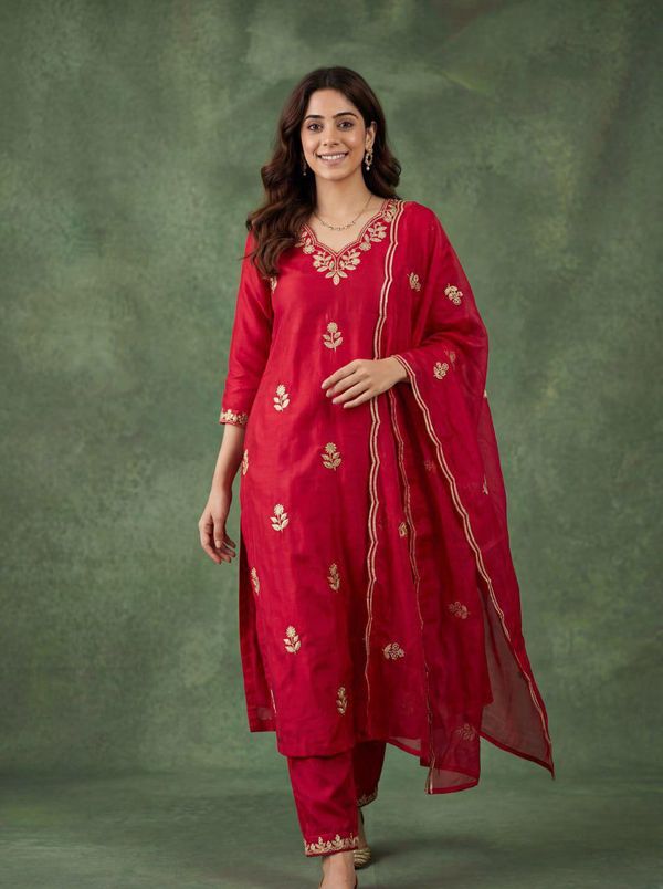 Red Cotton Embroidered Kurta Pant Dupatta Set Women