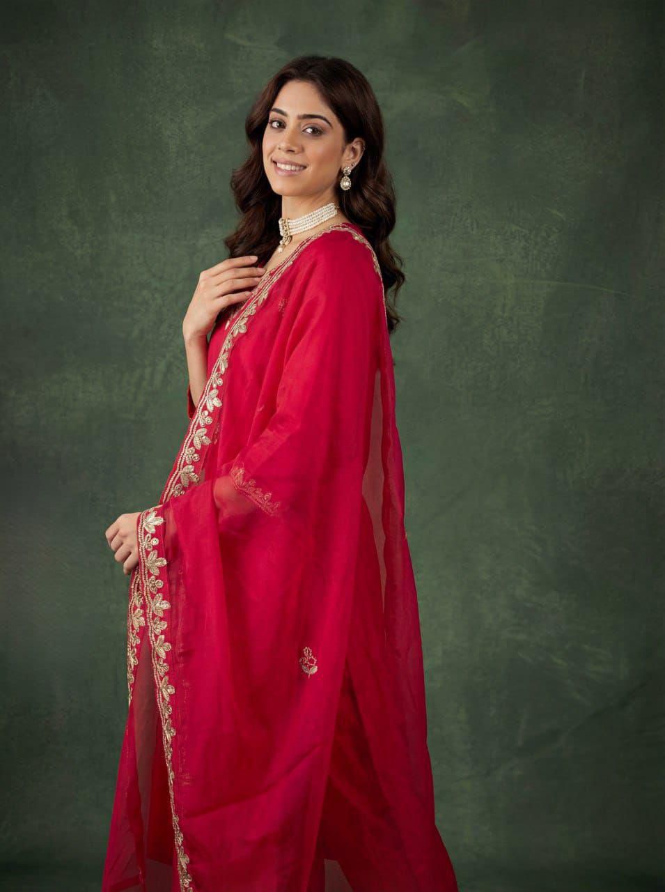 Red Cotton Embroidered Kurta Pant Dupatta Set Women