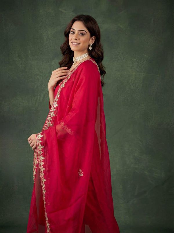 Red Cotton Embroidered Kurta Pant Dupatta Set Women