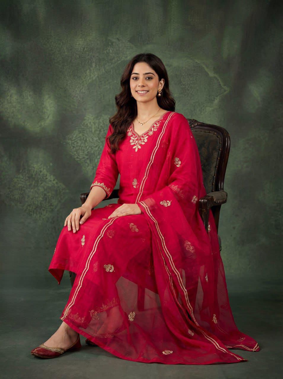 Red Cotton Embroidered Kurta Pant Dupatta Set Women