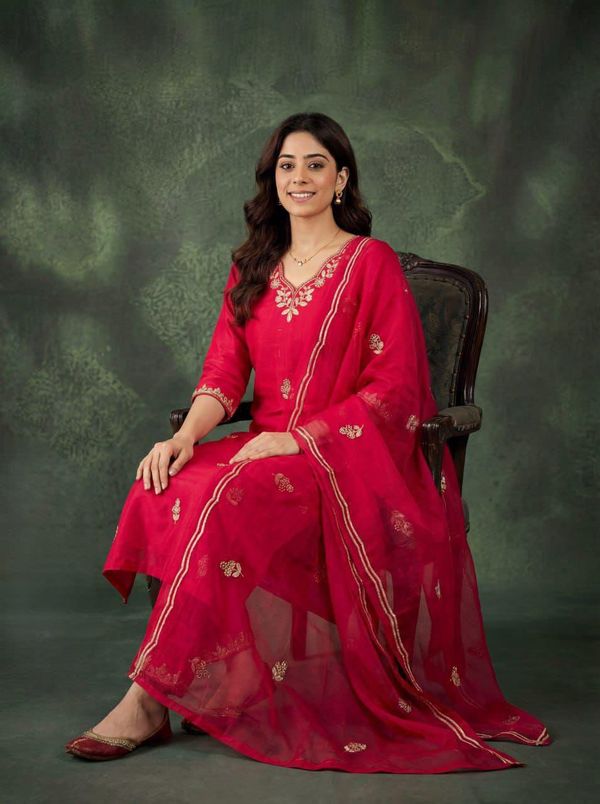 Red Cotton Embroidered Kurta Pant Dupatta Set Women