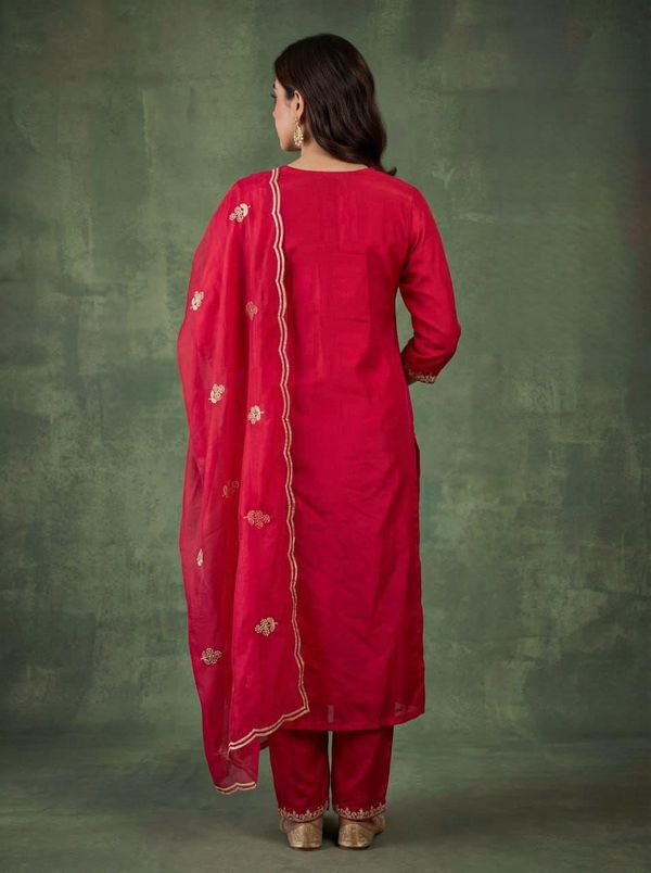 Red Cotton Embroidered Kurta Pant Dupatta Set Women