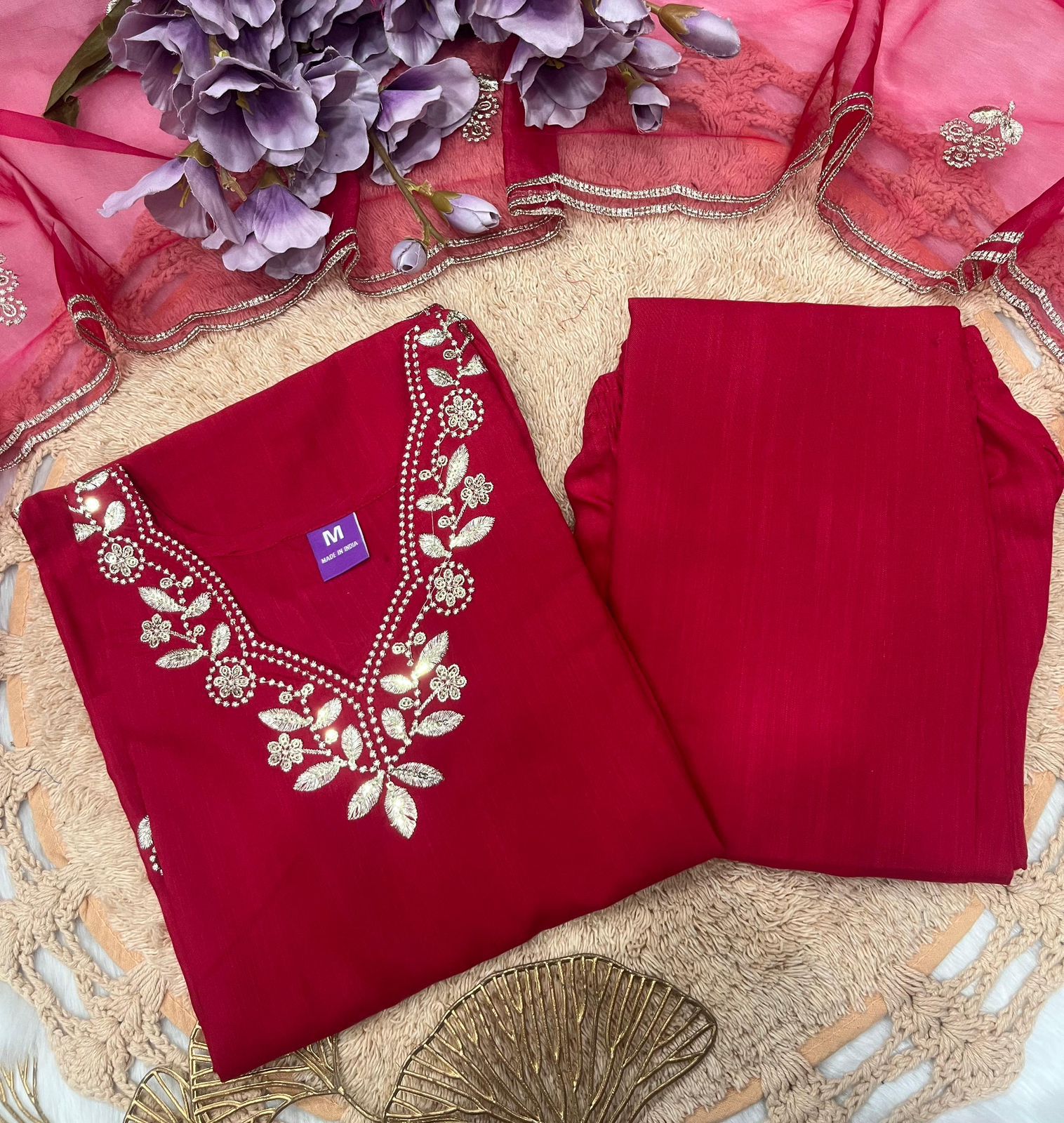 Red Cotton Embroidered Kurta Pant Dupatta Set Women