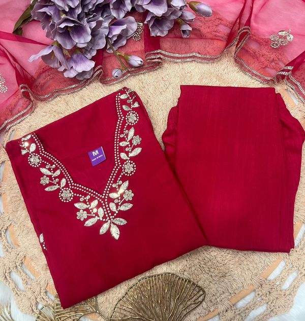 Red Cotton Embroidered Kurta Pant Dupatta Set Women