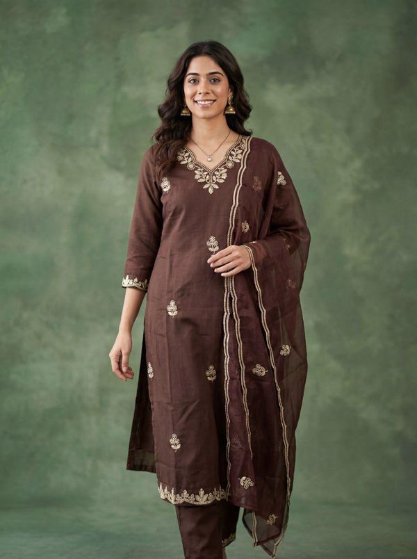 Brown Embroidered Cotton Kurta Pant Dupatta Set Women