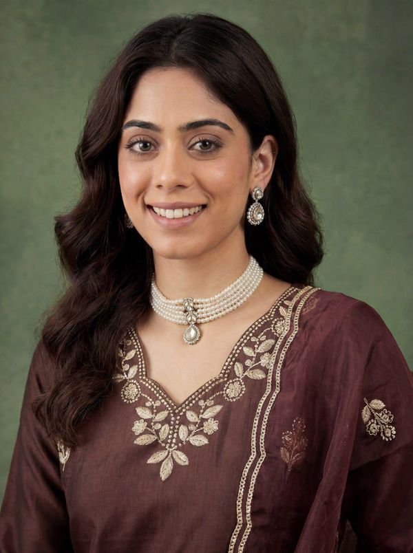 Brown Embroidered Cotton Kurta Pant Dupatta Set Women