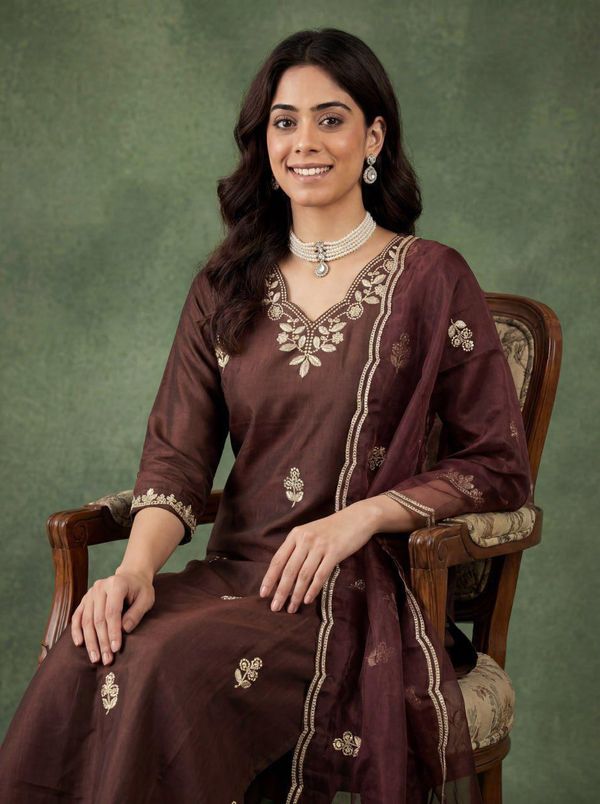 Brown Embroidered Cotton Kurta Pant Dupatta Set Women