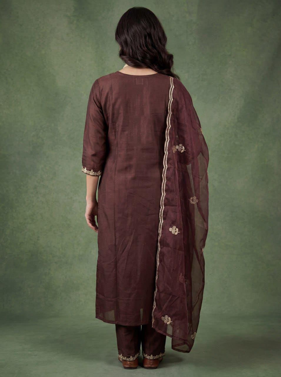 Brown Embroidered Cotton Kurta Pant Dupatta Set Women