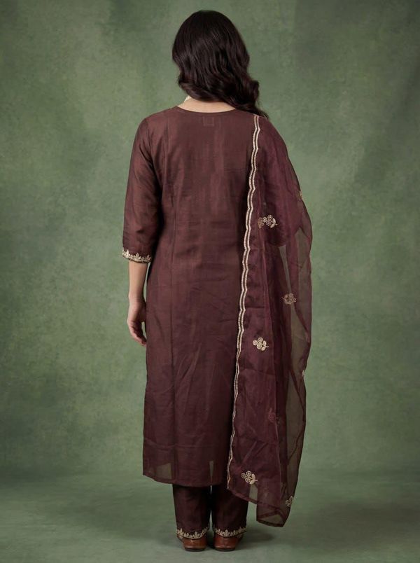 Brown Embroidered Cotton Kurta Pant Dupatta Set Women
