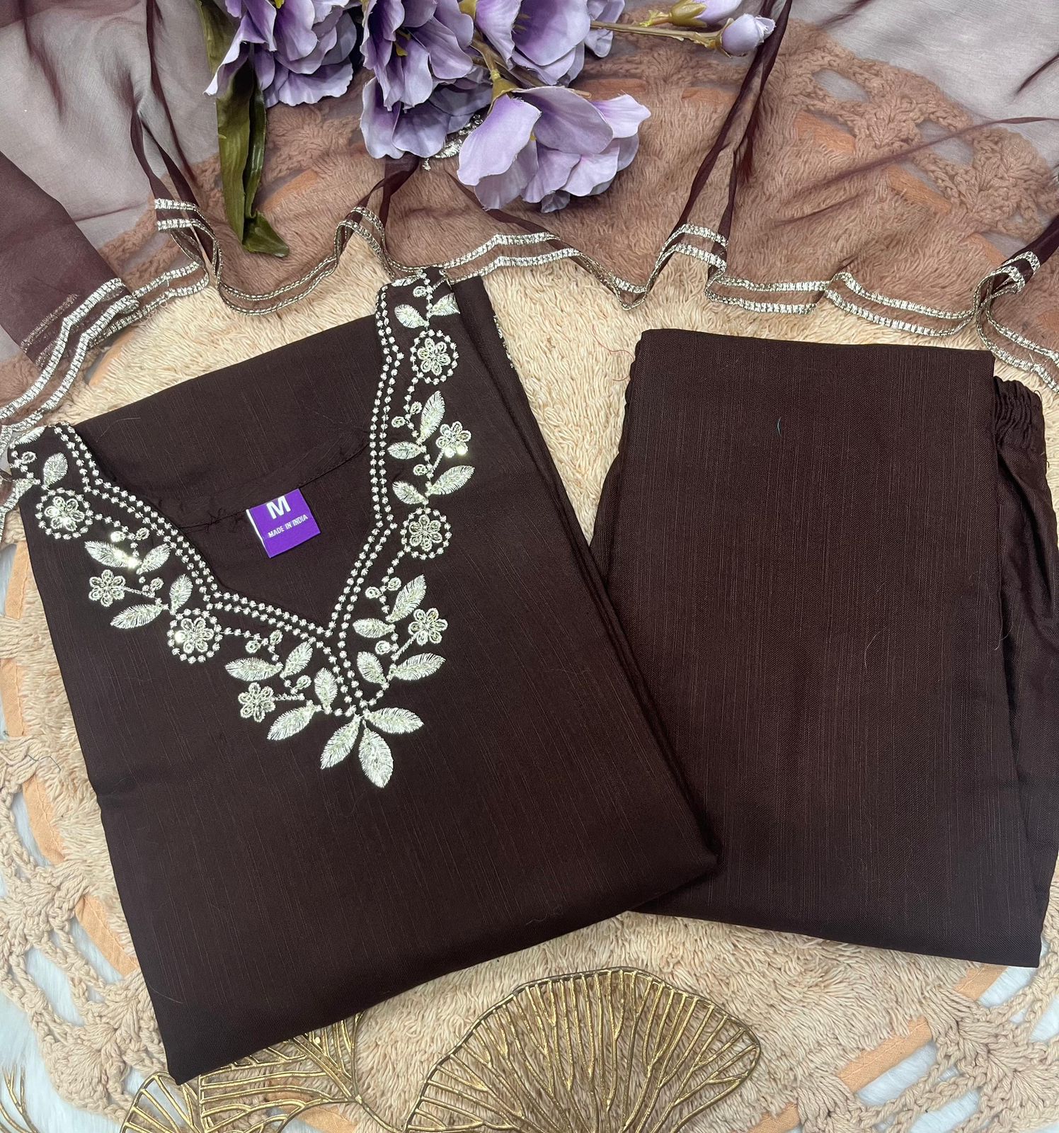Brown Embroidered Cotton Kurta Pant Dupatta Set Women
