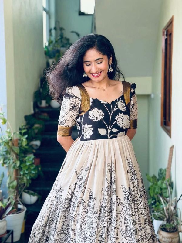 Cream Printed Anarkali Gown with Ethnic Motif Design