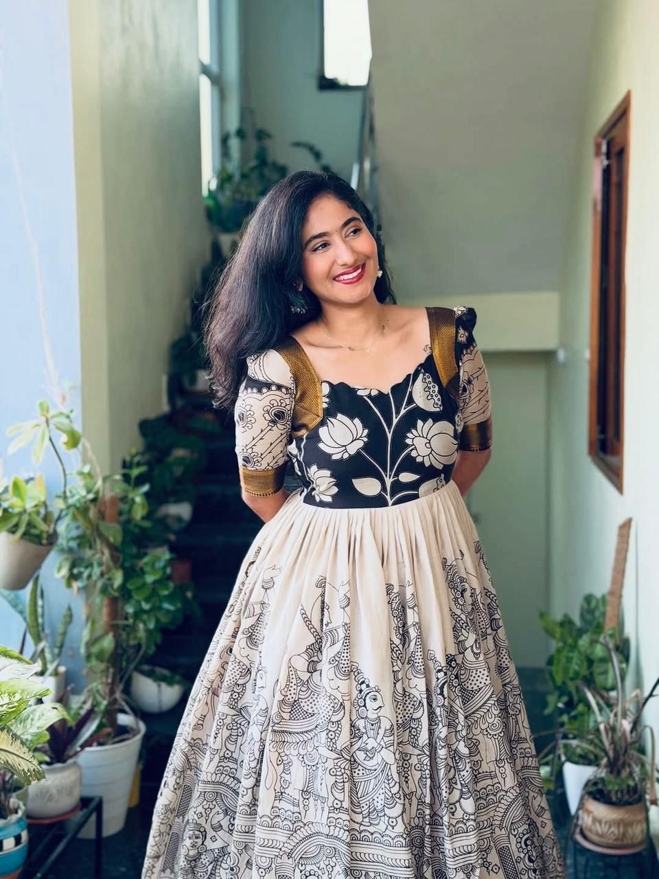 Cream Printed Anarkali Gown with Ethnic Motif Design