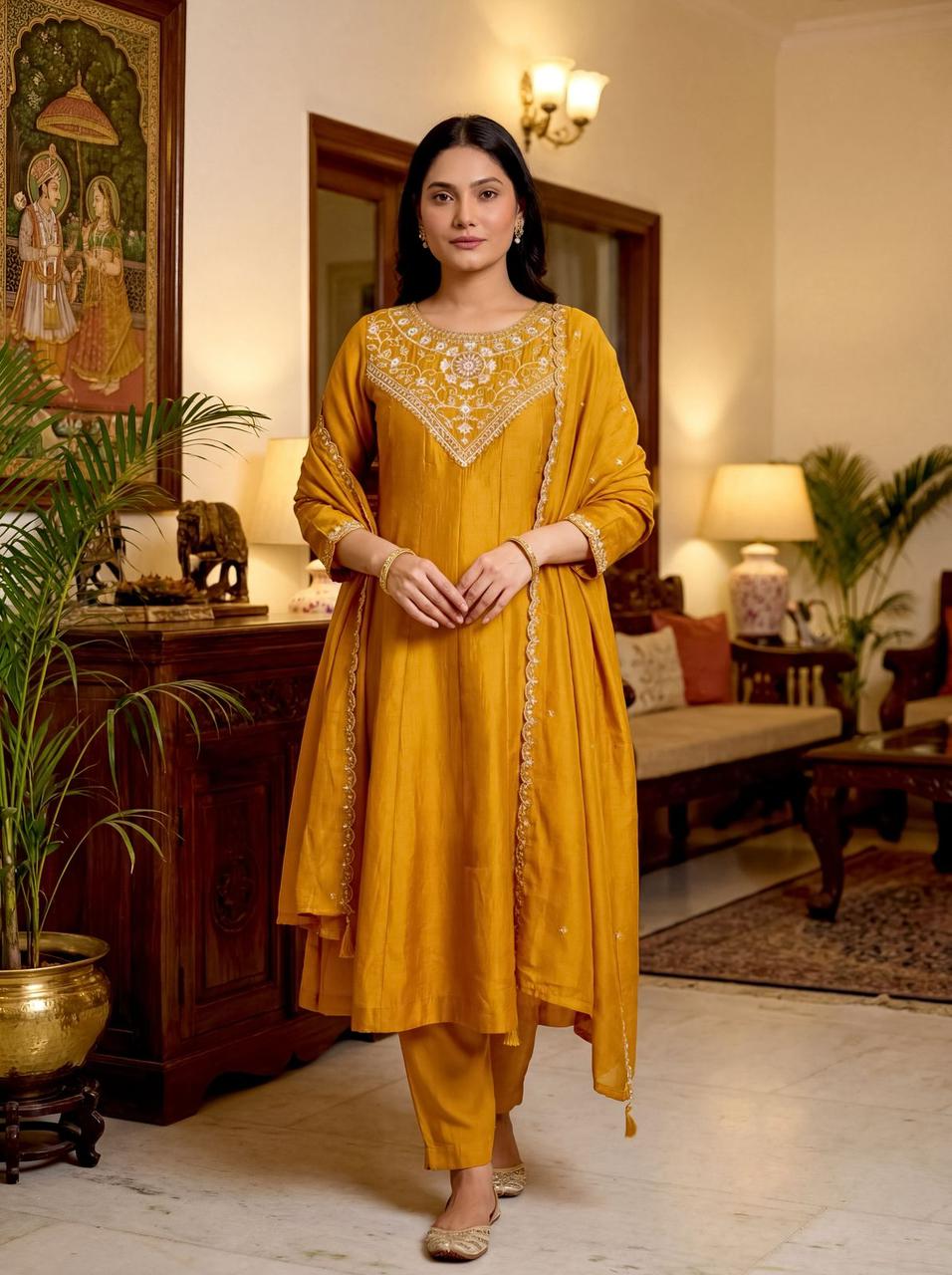 Mustard Silk Embroidered Kurti Palazzo Dupatta Set