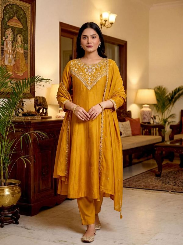 Mustard Silk Embroidered Kurti Palazzo Dupatta Set