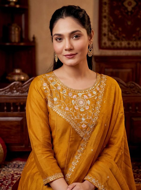 Mustard Silk Embroidered Kurti Palazzo Dupatta Set