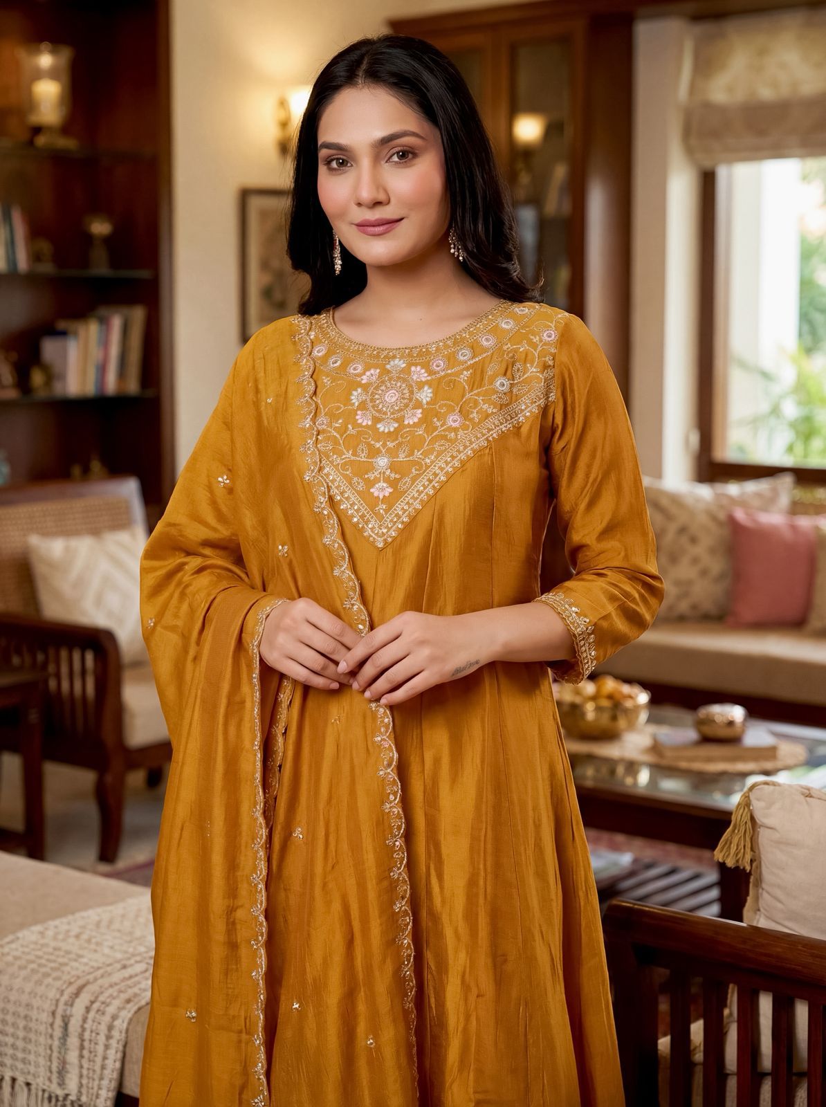 Mustard Silk Embroidered Kurti Palazzo Dupatta Set
