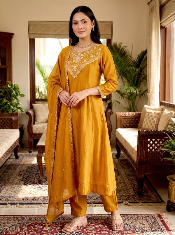Mustard Silk Embroidered Kurti Palazzo Dupatta Set