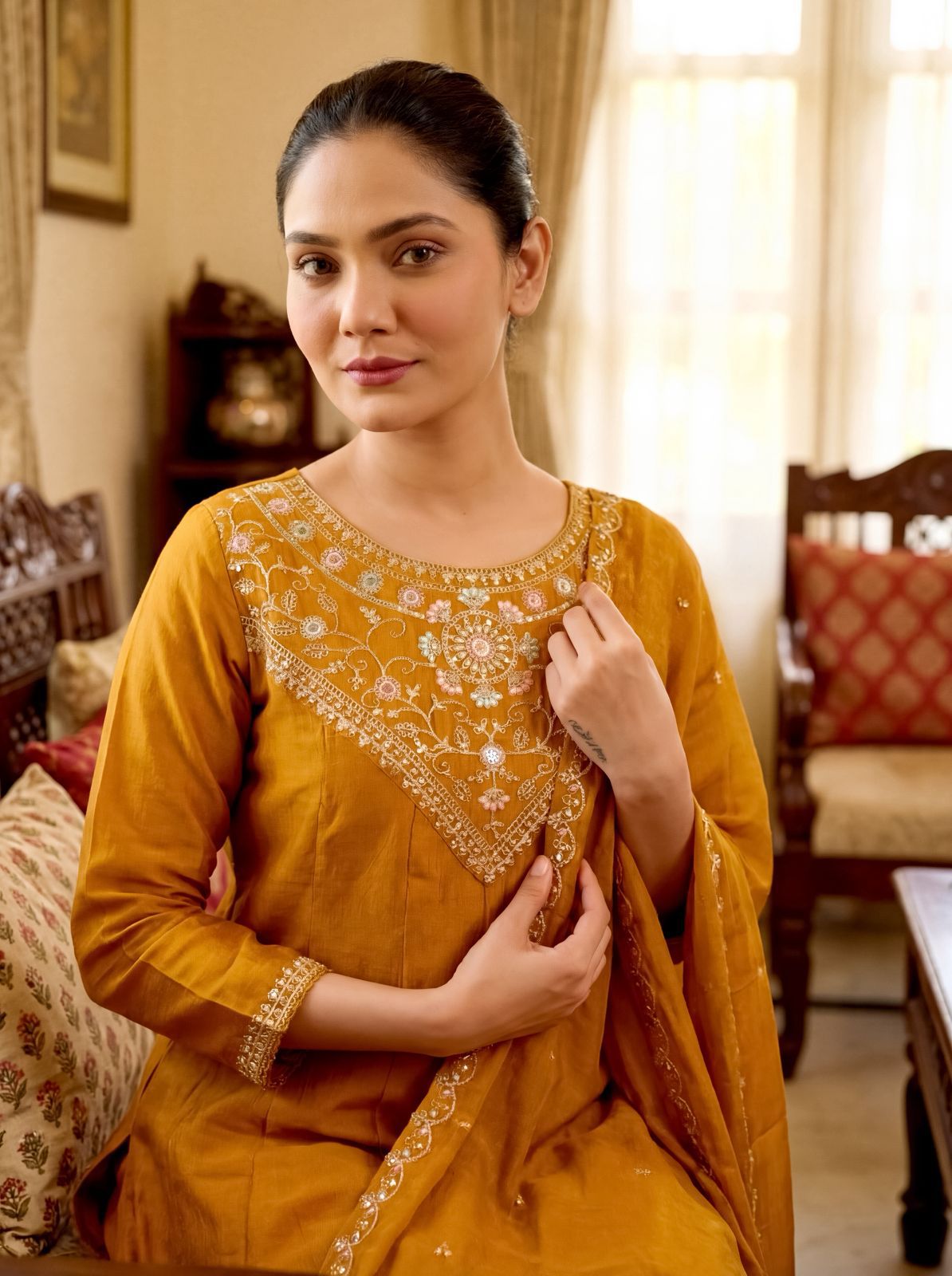 Mustard Silk Embroidered Kurti Palazzo Dupatta Set