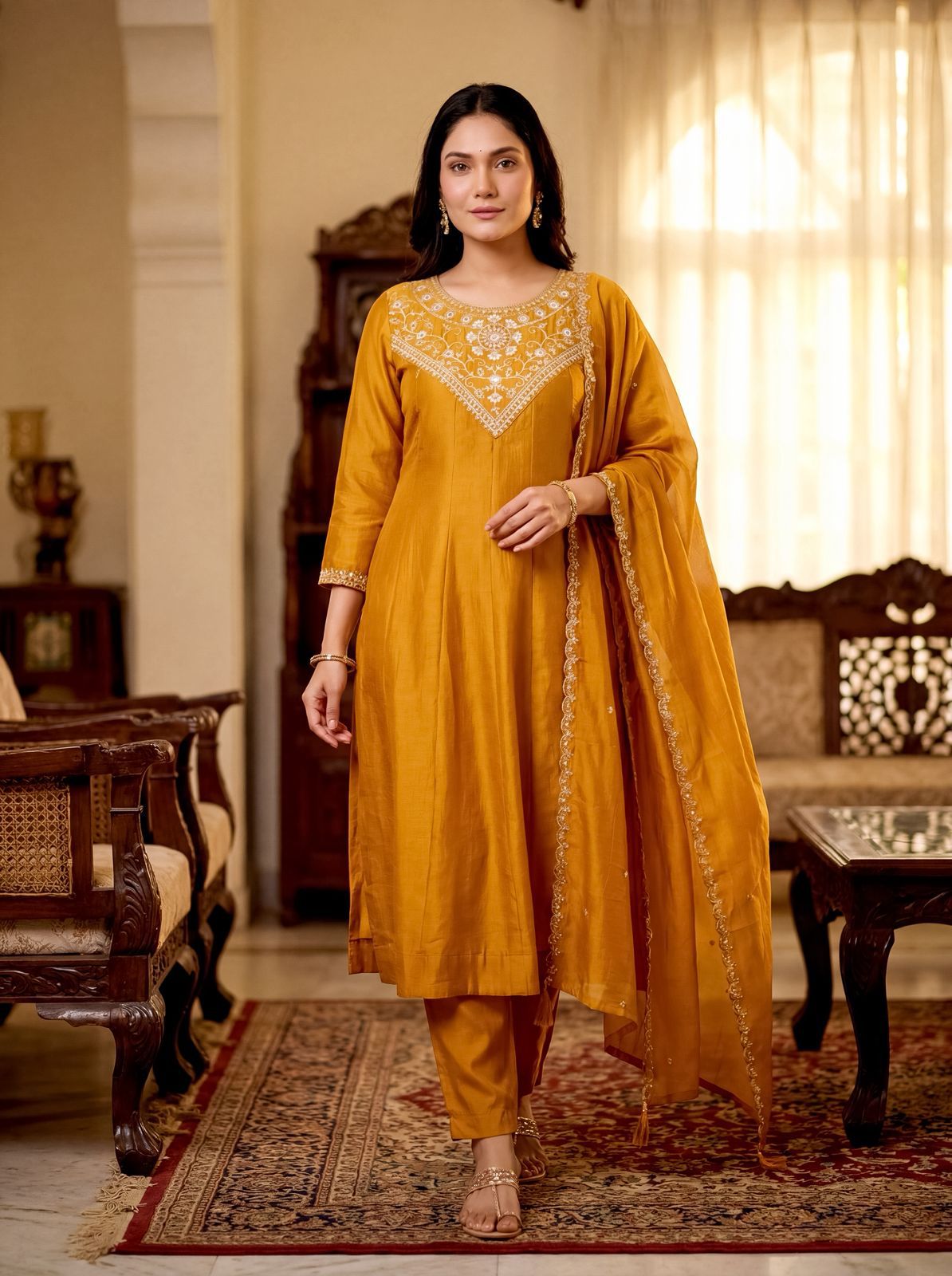 Mustard Silk Embroidered Kurti Palazzo Dupatta Set