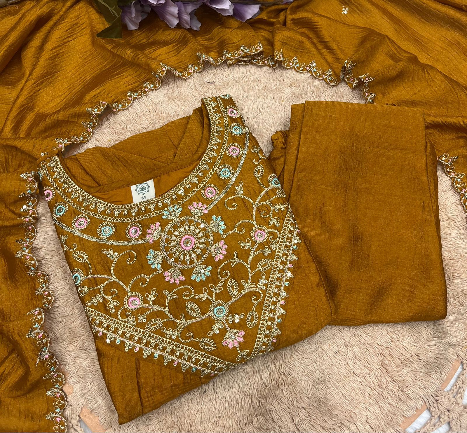 Mustard Silk Embroidered Kurti Palazzo Dupatta Set
